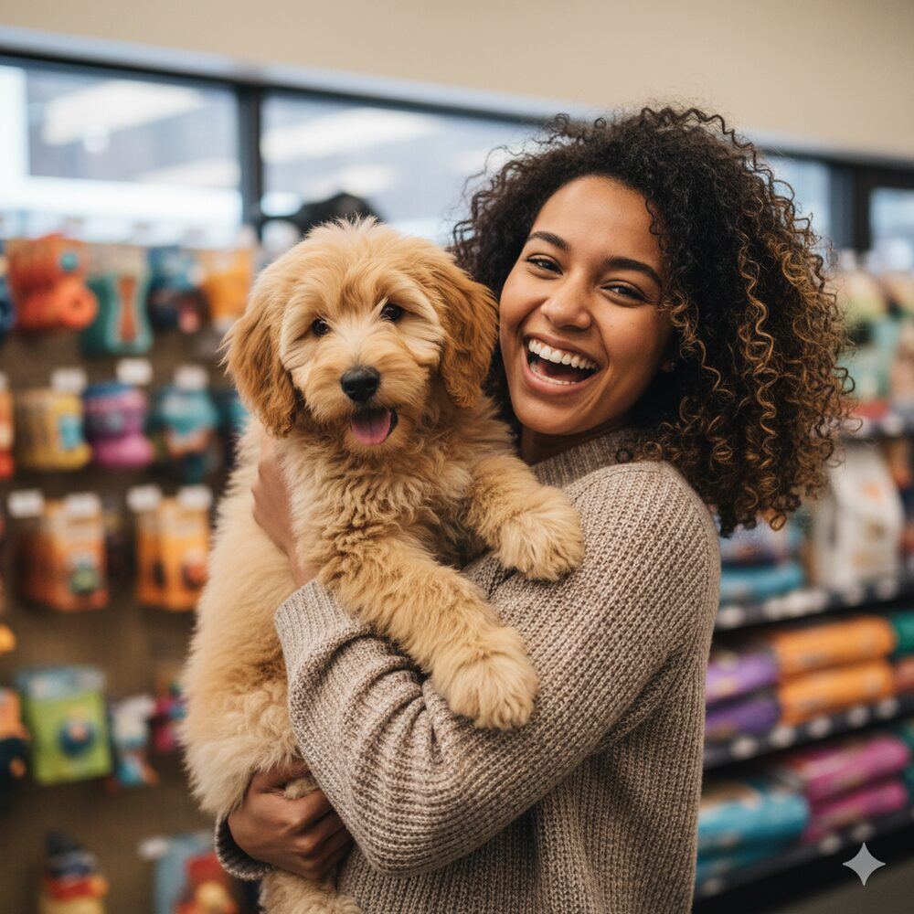 Dog owner with pet at a gear shelf